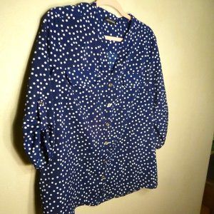 Notations blue white polka dot tab sleeve button notch neck tunic blouse L XL